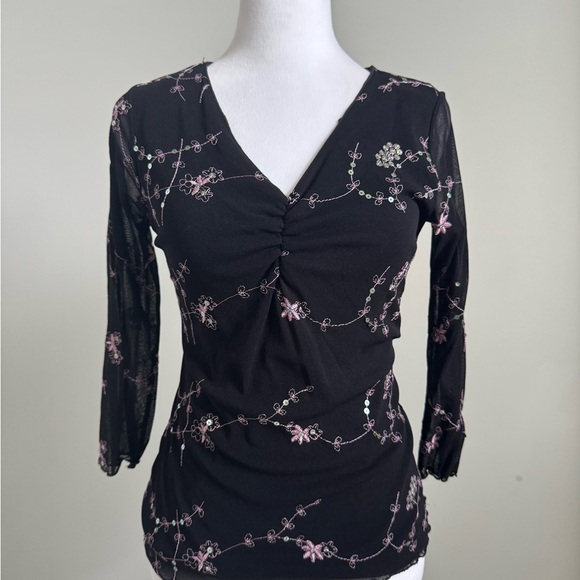 Black Dark Floral Ruched Fitted Y2K Whimsigoth Fairy  Top with Sequins - Picture 1 of 11